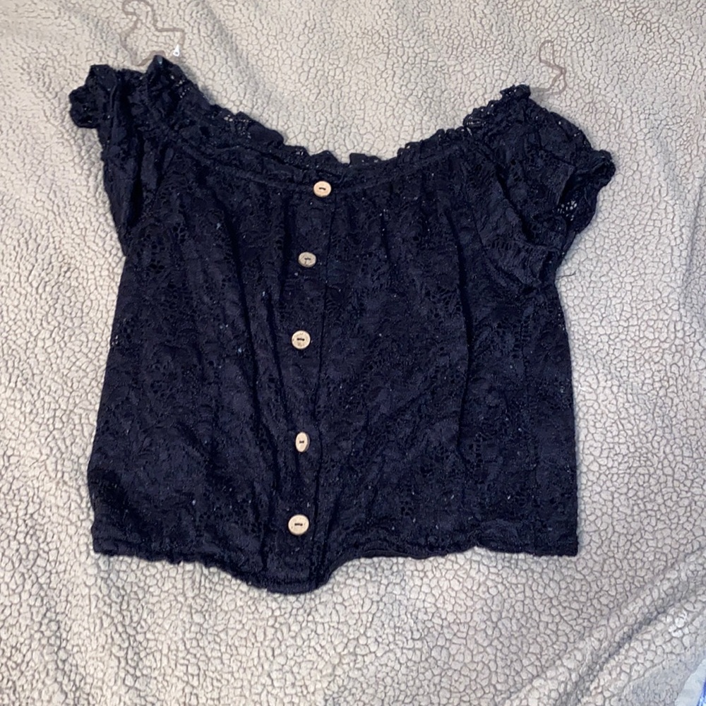 Black (faux button) blouse/low cut on shoulders